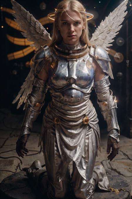 cinematic film still, god female warrior, (epic white angel wings), (medium shot:1.3), medieval armor, (low view:1.5), bent leg on a stone, blonde, (glowing halo:1.3), chain armor,  sci-fi, (outer space:1.5), hyperpunk scene, big bang, galaxy, filmic light, (epic:1.3)
<lora:epiCRealLife:0.9>
<lora:MedievalArmor_v02:0.5>
<lora:epiCRealismHelper:1>