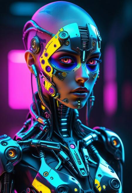 biomechanical girl with a cyberpunk appearance with metal pieces on her face and body, with a glass appearance and very vivid neon-type colors, deep gaze, very stylized and feminine, big eyes, no hair