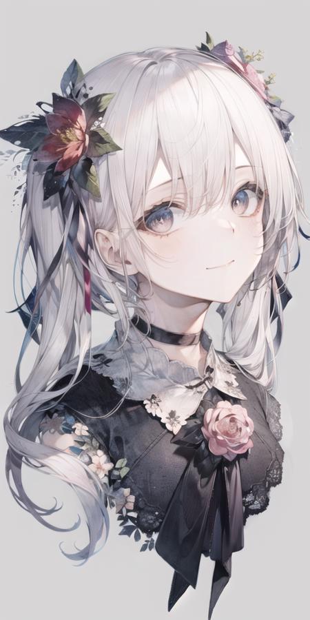 solo, 1girl, flower, choker, hair flower, portrait, white background, hair ornament, looking at viewer, white hair, ribbon, simple background, cropped shoulders, hair between eyes, bangs, grey eyes, closed mouth, twintails, head tilt, black ribbon, blush, black choker, long hair, neck ribbon, smile, hairband, hair ribbon, pink flower, petals,<lora:hito_loha_v1d:0.7>