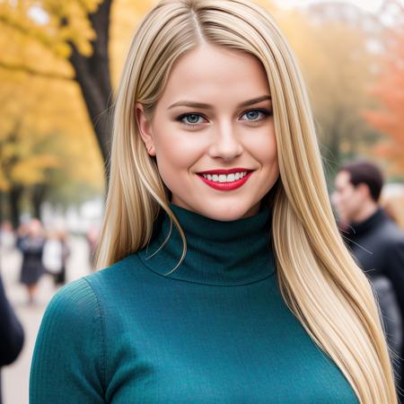 Paparazzi photograph, ((close-up photography of the face:1.4)) of (Caucasian woman:1.3) AliceEve <lora:AliceEve_M1:1.0> (young woman with big breasts, wide hips, thin waist:1.3), (full-sleeve, laced:1.3), ((brown and grey turtleneck sweater and long skirt:1.3)), ((walking in a beautiful park:1.3)), (looking at viewer:1.3), (analog style photo:1.3)
BREAK
(nice smile), (perfect white teeth:1.2), (detailed natural lips), (red lips), ((long straight highlights:1.2) blonde hair), (real skin:1.2), (big bluish-green glossy eyes:1.2), (eye makeup:1.2), (high detailed skin:1.2), (beautiful detailed hands:1.3)
BREAK
ambient lighting, natural lighting, volumetric lighting, bokeh, blurry background, high contrast, crisp, photorealistic, hires, 8k uhd, dslr, Fujifilm XT3, style by Flora Borsi, bright bold colors <lora:add_detail:0.50>