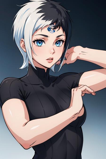 seraphdds, black turtleneck, black tube dress, codpiece, black shorts, short sleeves, white hair, black hair, two-toned hair, 1girl