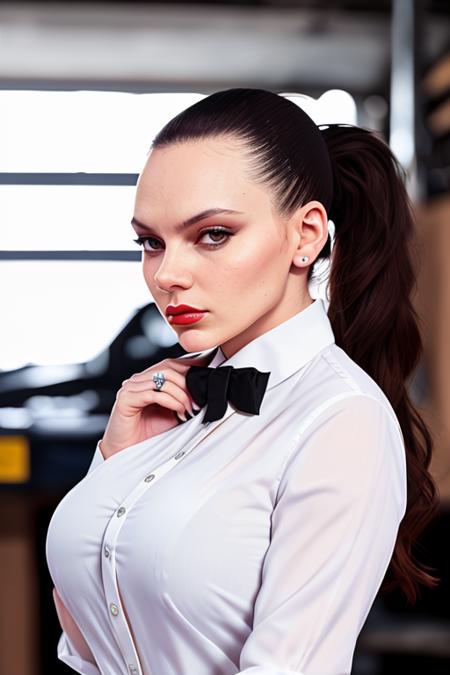 photo of a woman, dafnek:0.99,((ponytail):1.1) ((bowtie, white shirt):1.2), ((garage, tools, workbench):1.2),((red lipstick, eyeliner, eye shadow, blush)), ((best quality, masterpiece, extreme details, high resolution):1.2),((detailed eyes, beautiful eyes, detailed face, beautiful face):1.2)