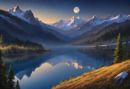 a beautiful view of a valley, in the center of the valley a forest, in the center of the forest a lake, a river starts from the lake, snow-capped mountains in the background, at night, stars in the sky, half-moon behind the mountains, the moon reflects on the lake,