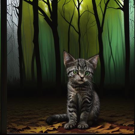 close up photo of a sad kitten sits in a forest  under autumn tree <lora:Jussi_the_neural_cat_SD:0.7> jussi_angry, a stained glass art, stained glass style