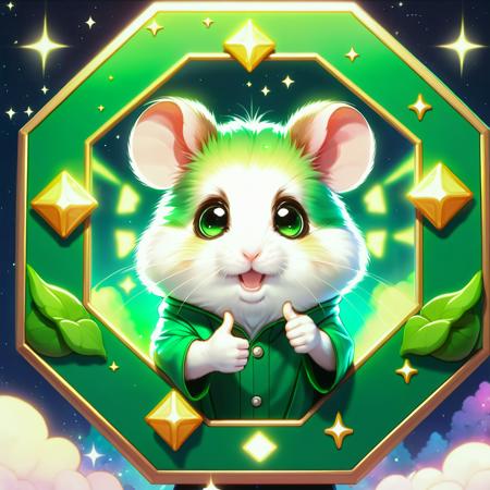 DonMSt0pS1gnXL green octagon, cute hamster,  thumbs up, ethereal, fairytale, magical <lora:DonMSt0pS1gnXL-000006:0.75>