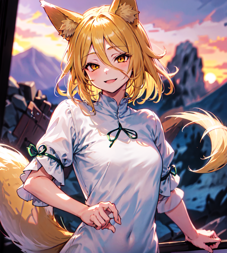 1girl, Kudamaki Tsukasa, fox ears, only one fox tail, narrow hair between eyes, very long and very narrow bang, white cove...