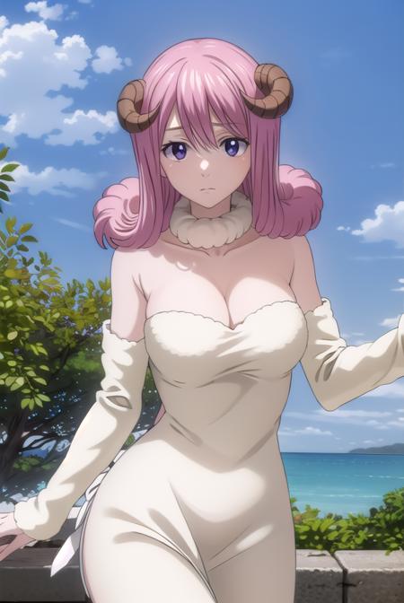 fairytailaries, <lora:aries s7-lora-nochekaiser:1>,
aries, long hair, pink hair, horns, sheep horns, (purple eyes:1.1),
BREAK cleavage, pantyhose, dress, white dress, detached sleeves, 
BREAK outdoors, nature, forest, sky, clouds, sun,
BREAK looking at viewer, (cowboy shot:1.5),
BREAK <lyco:GoodHands-beta2:1>, (masterpiece:1.2), best quality, high resolution, unity 8k wallpaper, (illustration:0.8), (beautiful detailed eyes:1.6), extremely detailed face, perfect lighting, extremely detailed CG, (perfect hands, perfect anatomy),