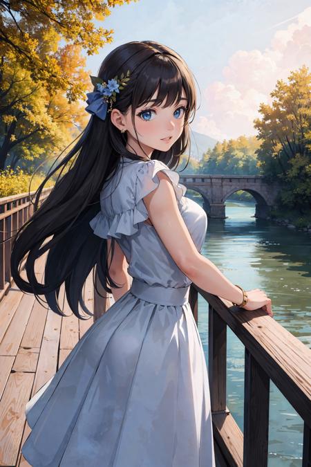 best quality, masterpiece, girl on a river bridge