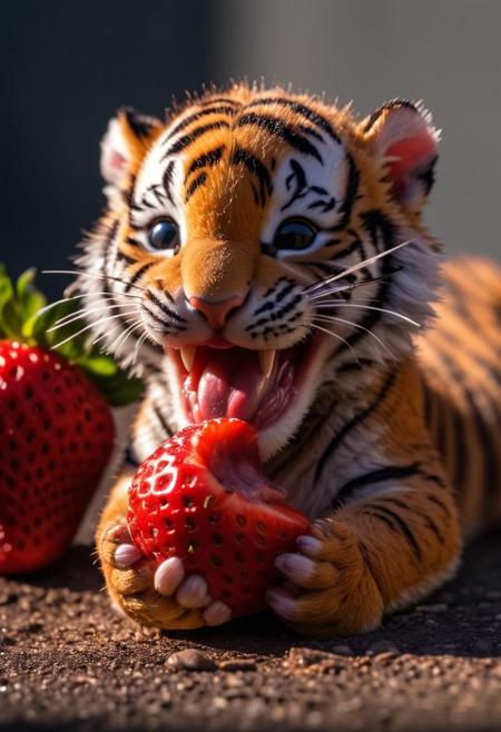 Close up, delicious strawberry baby tiger, smile face, expose cute tongue, very detailed scenery, dynamic pose, Visionary details, crisp focus, dramatic lighting, shot with a Canon EOS R5, 70-200mm f/2.8 lens, Mysterious shadows, Complex reflections.