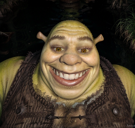 RAW photo of (shrex:1.1), portrait, cursed image, <lora:ShrekDoguVersion2:0.9>, <lora:cursed images:0.8>, (uncanny wide open eyes:1.2), uncanny smile, in a swamp, at night, flash photography