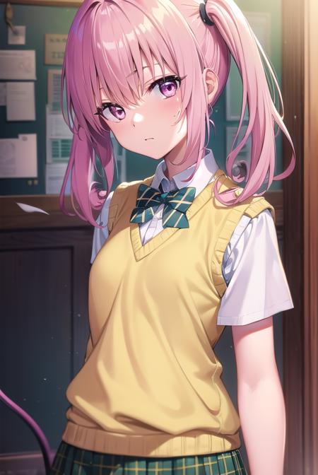 nanadeviluke, <lyco:nanaastadeviluke-lyco-nochekaiser:1>,
nana asta deviluke, fang, long hair, (pink eyes:1.5), pink hair, tail, twintails, (flat chest:1.2),
BREAK green skirt, plaid, plaid skirt, sainan high school uniform, school uniform, skirt, shirt, white shirt, sweater vest, (yellow sweater vest:1.5), short sleeves,
BREAK indoors, classroom,
BREAK looking at viewer, (cowboy shot:1.5),
BREAK <lyco:GoodHands-beta2:1>, (masterpiece:1.2), best quality, high resolution, unity 8k wallpaper, (illustration:0.8), (beautiful detailed eyes:1.6), extremely detailed face, perfect lighting, extremely detailed CG, (perfect hands, perfect anatomy),