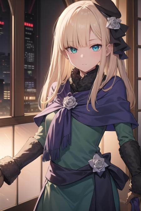 fgoreines, <lora:reines-lora-nochekaiser:1>,
reines, blonde hair, (green eyes:1.5), long hair, bangs, blunt bangs, (small breast:1.2),
BREAK beret, black headwear, black ribbon, blue dress, brown gloves, dress, flower, fur collar, fur trim, fur-trimmed sleeves, gloves, hair flower, hair ornament, hair ribbon, hat, long sleeves, ribbon, rose, tilted headwear, white flower, white rose,
BREAK looking at viewer,
BREAK indoors,
BREAK <lyco:GoodHands-beta2:1>, (masterpiece:1.2), best quality, high resolution, unity 8k wallpaper, (illustration:0.8), (beautiful detailed eyes:1.6), extremely detailed face, perfect lighting, extremely detailed CG, (perfect hands, perfect anatomy),