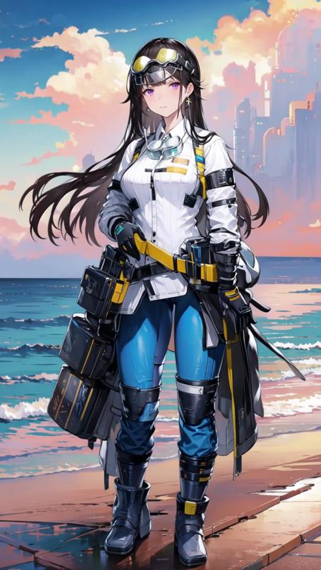 1girl, solo, long hair, black hair, gloves, black gloves, pants, goggles, bangs, white shirt, shirt, jacket, goggles on head, blue pants, pouch, breasts, jewelry, earrings, standing, long sleeves, purple eyes, white jacket, <lora:YaoWinterV1:0.9>, yaowinterSB, full body, beach, ocean background, blue sky, clouds,