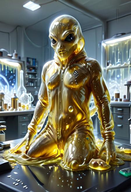 Alien from a dystopian galaxy, golden slime skin with flashes of light, silk fabric as a hood, inside a research lab, manipulating solvents and crystal flasks, Sl1m3d, slime-morph