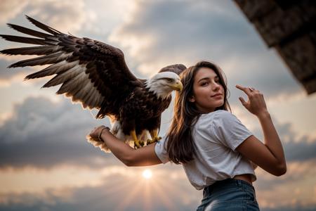 from below,from side and behind,photo of a 18 year old girl,standing,a eagle standing on her arm,happy,looking at viewer,ray tracing,detail shadow,shot on Fujifilm X-T4,85mm f1.2,depth of field,bokeh,motion blur,<lora:add_detail:1>,