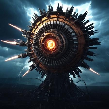 cyclonic engine made_from_teef, spinning at the center of a storm, molars grinding lightning, turbine composed of sharpened incisors rotating in chaos, embedded copper tubing fusing with dental roots, storm clouds filled with flying teeth debris, massive mechanical arms holding fanged conduits, wild anime-inspired mechanical style, cinematic motion blur, wide cinematic shot, dark sky, explosive light bursts, biomech horror-fantasy energy