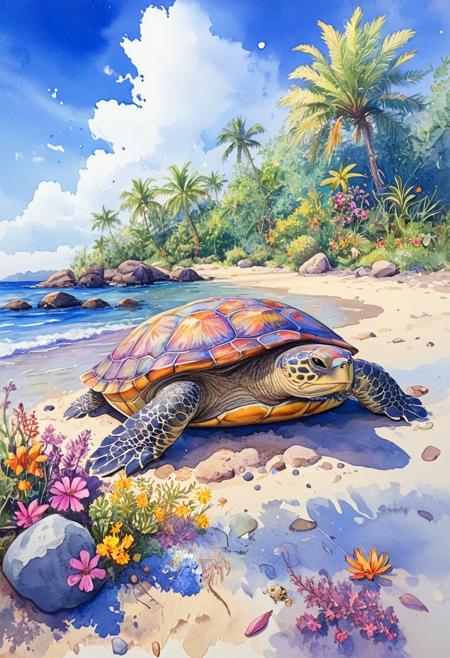 a turtle in the sunshine on a rock strewn sandy beach as the tide washes gently on the shoreline.  Exotic trees and colourful foliage and wildflowers back onto the beach. clear blue skies with wispy cirrus cloud . ArsMJStyle, Watercolor