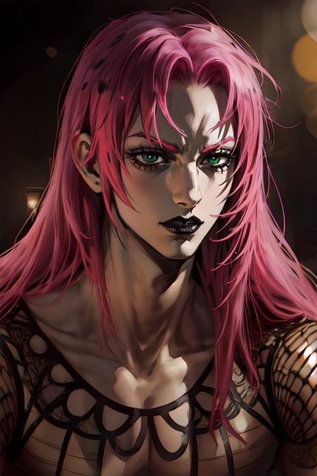 diavolo,  ((solo)),  1boy,  long hair,  fishnets,  pink hair,  cathedreral,  detailed,  dramatic lighting,  hq,  hd,  black lips,  wallpaper,  tattoo,  green eyes,  realistic,  soft shading,  detailed textures,  realistic hair, Male focus,  gold furnature,  fancy,  closed mouth,  bokeh,  portrait,<lora:EMS-249640-EMS:0.800000>,<lora:EMS-1218-EMS:0.600000>