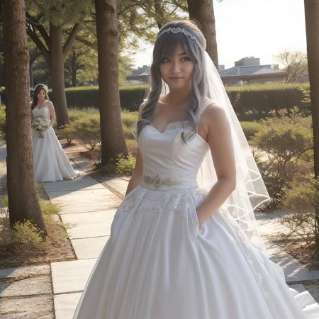 <lora:twcoser_02:0.7>, 1girl, solo, photorealistic, realistic, (outdoors, wedding party), cosplayer, looking at viewer, sunshine, sun, skyline, (wedding dress, veil)