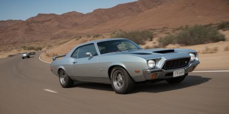 Create an ultra-detailed and realistic image of a custom car, created with parts from many muscle cars, with aerodynamic lines from 1972, but armored with bulletproof plates, with two heavy artillery machine guns on the roof. The car is metal color, with black tinted windows. It is captured in motion with motion blur at full speed through a desert, daylight. The photograph is captured with an Arri Alexa camera, with a zoom lens.