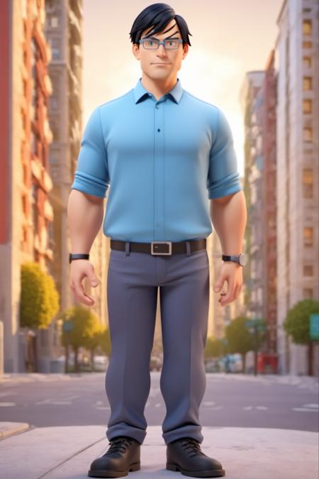 3d toon style image of full body tenxiida character,  serious male,  black hair,  wearing glasses,  in casual clothing,  background of city buildings,  3d toon style, <lora:EMS-57832-EMS:1.000000>, , <lora:EMS-27856-EMS:1.000000>