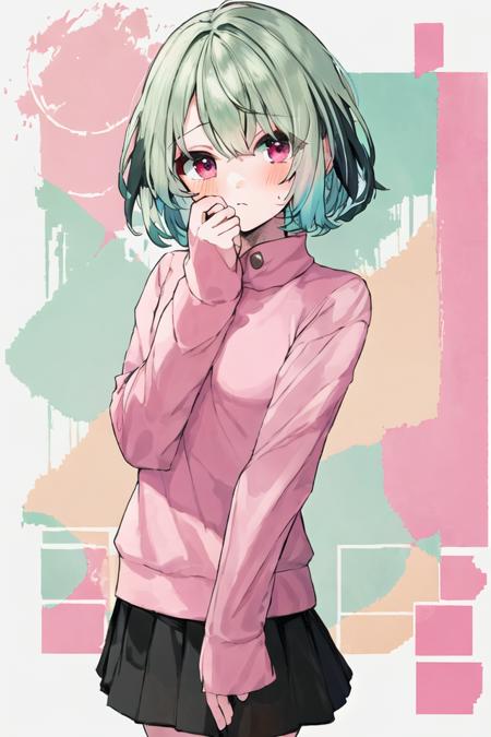 street, girl, green hair, short hair, pink eye, casual wears, shy