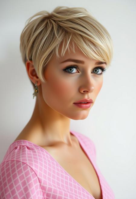 model, with medium boobs, perfect eyes, 1960s makeup, and freckles, short blonde pixie cut, wearing a geometric-patterned pink dress with a deep V-neck, gazes sadly away from a soft-lit, plain white background.