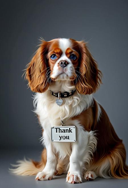 masterpiece, ultra-detailed, hyper-realistic, cinematic lighting, beautiful dog Cavalier King Spaniel dog, long fluffy fur, striking blue eyes, sitting directly facing the viewer, calm and elegant posture, wearing a small collar tag or ID plate that clearly reads "Thank You", highly detailed fur texture, soft lighting, shallow depth of field, realistic whiskers and fur strands, subtle warm backlighting, photo-realism, pet portrait perfection,