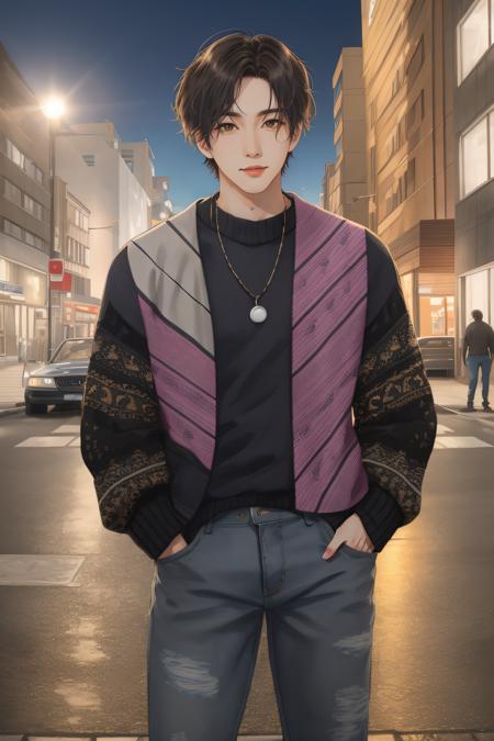 (1man:1.6),(male:1.6),<lora:ShinwonKo>,(male focus:1.4),solo,short hair,messy hair,(wavy hair:0.6),brown eyes,black hair,standing,jeans,(patterned sweater:1.3),80s sweater,smiling,night,ground vehicle,building,motor vehicle,hand in pocket,city,car,road,grey footwear,lamppost,street,realistic,backlight,subsurface scattering,absurdres,realistic proportions,perfect lighting,side lighting,(vibrant colors),film still,HDR,photographed by Canan EOS R6,1/1250s,f/2.8,ISO 400,photorealistic,sharp focus,