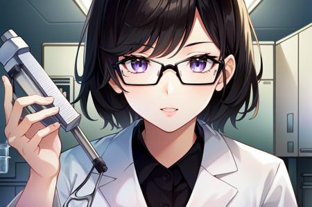 ((masterpiece)), best quality, perfect anatomy, (solo focus:1.4), (Accurate five-fingered hands), purple eyes, indoors, (masterpiece), ((small breasts)), (short black hair), glasses, (((wearing white lab coat))), (standing in a laboratory), scientist girl, ((laboratory equipment in a background)), volumetric lighting, good lighting, best quality, highly detailed, extremely detailed cg unity 8k wallpaper, illustration, ((beautiful detailed face)), best quality, ((hyper-detailed)), high resolution illustration, high quality, highres, sidelighting, ((illustrationbest)), highres, illustration, hyper-detailed, intricate detail, perfect, high detailed eyes, perfect lighting, (extremely detailed CG:1.2)