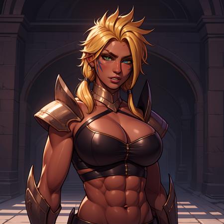 tier_harribel green eyes, blonde hair, long hair, spiked hair, dark skin, dark-skinned female, mask, armor, arrancar, tattoo, cleavage, midriff, abs