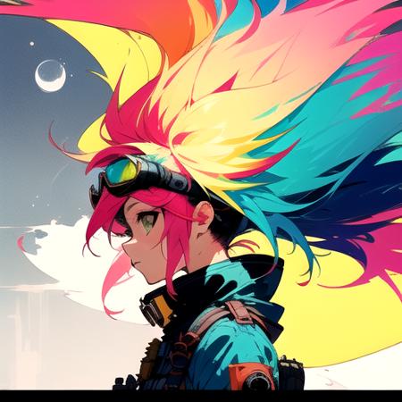 1girl, floating_hair, from_side, goggles, goggles_on_head, moon, multicolored_hair, pink_hair, solo, wind by JM