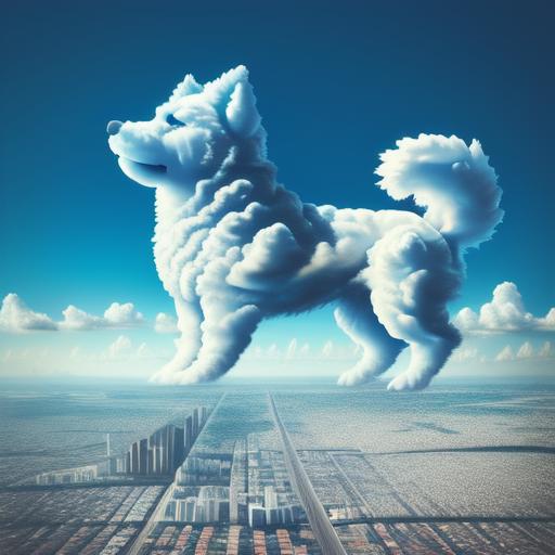 A white dog with fluffy fur flying through the clouds in a blue sky.