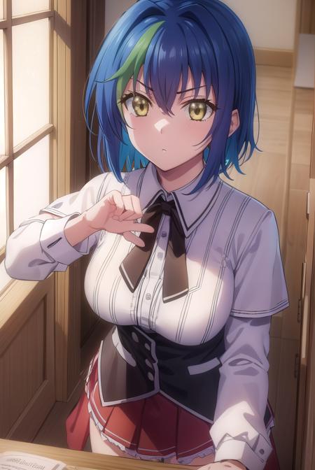 xenoviaquarta, <lora:dxd xenovia quarta anime s2-lora-nochekaiser:1>,
xenovia quarta, short hair, blue hair, (yellow eyes:1.5), multicolored hair, green hair, two-tone hair, streaked hair,
BREAK shirt, ribbon, school uniform, white shirt, black ribbon, neck ribbon, capelet, black capelet, long sleeves, skirt, red skirt,
BREAK indoors, classroom,
BREAK looking at viewer, (cowboy shot:1.5),
BREAK <lyco:GoodHands-beta2:1>, (masterpiece:1.2), best quality, high resolution, unity 8k wallpaper, (illustration:0.8), (beautiful detailed eyes:1.6), extremely detailed face, perfect lighting, extremely detailed CG, (perfect hands, perfect anatomy),