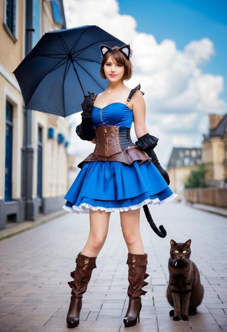 score_9, score_8_up, score_7_up, score_6_up,  photo bokeh, blured background, 1girl, breasts, looking_at_viewer, short_hair, blue_eyes, skirt, brown_hair, gloves, dress, holding, animal_ears, standing, tail, full_body, outdoors, frills, boots, multiple_boys, sky, solo_focus, day, puffy_sleeves, belt, cloud, cat_ears, fingerless_gloves, armor, high_heels, blue_sky, blue_skirt, cat_tail, blue_dress, umbrella, cat, cat_girl, goggles, building, corset, high_heel_boots, goggles_on_head, pouch, holding_umbrella, city, steampunk
