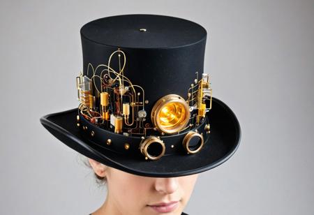 A classic top hat constructed from matte black PCB panels, decorated with tiny blinking lights and golden traces like filigree. The inner lining shows subtle diode networks, and a soft glow radiates from the rim. Fashion accessory fused with semiconductor elegance, steampunk meets nanotech.