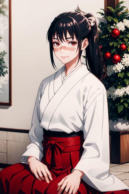 Masterpiece, 1girl, long hair, black hair, solo, bow, hair bow, looking straight, japanese clothes, brown eyes, scar, kimono, scar on face, looking at viewer , white kimono, upper body, pony tail, scar on cheek, skirt, hakama, hakama skirt, red hakama, white bow, closed mouth, blush, scar on nose, ribbon, long sleeves, standing, full body, boots, wide sleeves, brown footwear, Upper Body, Smile, Christmas Tree, Sitting, Large Breasts <lora:Utahime-03:1>