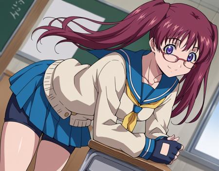 ringo noyamano, long hair, red hair, twintails, purple eyes, glasses, twintails, skirt, gloves, school uniform, serafuku, fingerless gloves, cardigan, bike shorts, blue sailor collar, yellow neckerchief, long sleeves, blue skirt, pleated skirt, cleavage, jacket, shorts, pink shorts, track jacket, open clothes, shirt, collarbone,