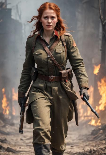 Beautiful Soviet woman soldier in WWII style, Intricately Designed Soviet brown military uniform, ultra-realistic body, realistic dirty face, bloody battle full of dirt and blood, fighting position, wavy red hair, Realistic blue eyes, big beautiful pupils, 8K, fire, dramatic war atmosphere, cinematic lighting, a stark scene from the heat of battle