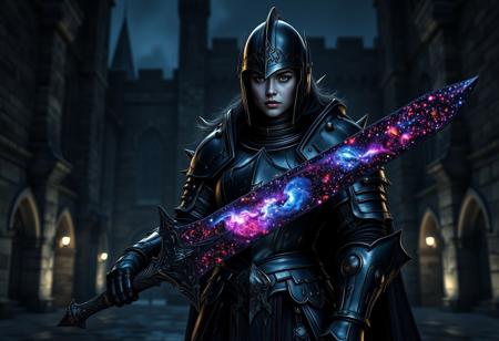 aidmaimageupgrader, ((they glow at night)), a high quality digital image of a woman knight wearing full heavy plate armour included helmet and face shield, the armour is as dark as eternity and seems to absorb light itself, the armour is stylised with sleek curves and a variety pf spikes on the shoulder pads and gauntlets, she is holding a greatsword, the greatsword is black as night and the blade is made of an intricately detailed galaxy, within the galaxy we see a variety of stars, nebulae and galactic dust detailed in bright and vivid colours, she is standing in a castle courtyard at midnight, they glow at night,