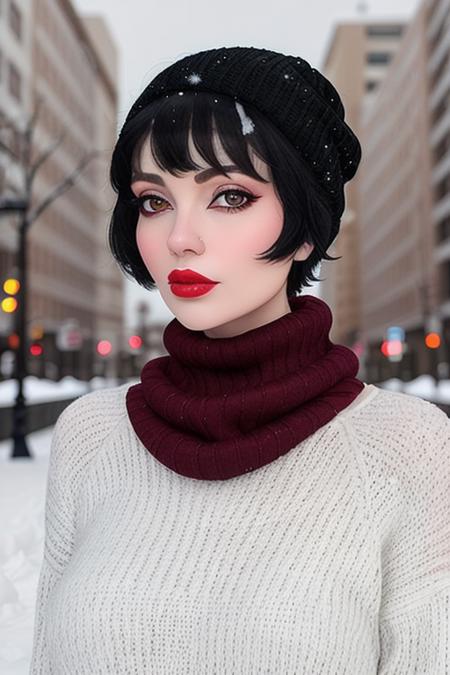 photo of a woman, <lora:rocketbabey-05:0.7>, rocketbabey,((short hair, pixie cut, black hair)), ((pale skin)),  ((turtleneck sweater):1.1),((closeup, portrait):1.1),((outdoors, city, snow):1.2),((red lipstick,heavy eyeliner, heavy eye shadow, blush):1.2), ((scarf, warm hat, thighhighs)), ((best quality, masterpiece, extreme details, high resolution):1.2),((detailed eyes, beautiful eyes, detailed face, beautiful face):1.2)