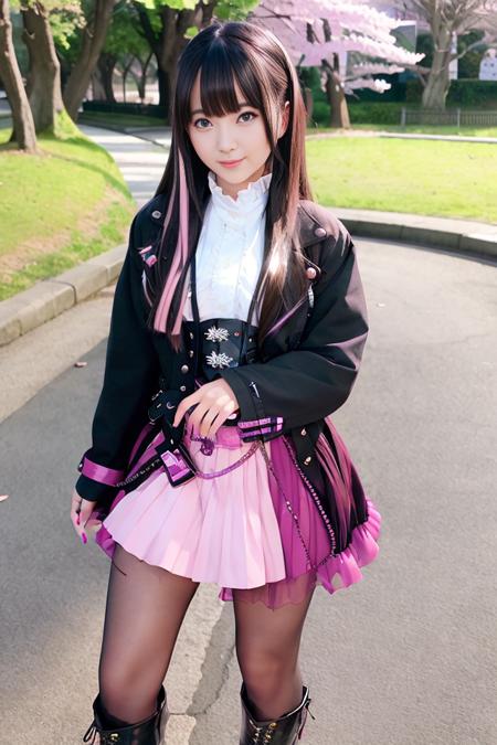 1girl, jacket, shock pink skirt, (black tights), (black pantyhose), (short boots),  lips, lipstick, realistic,  solo, standing, best quality, photorealistic, masterpiece, 8k, high res, solo, (((woman))), (medium breast), ((looking at the viewer)), (looking at the camera), (long hair), (professional lighting, bokeh),top angle view, extremely detailed face, fashionable and trendy atmosphere, japan, street, park, river, bridge,  sakura, sakura blossom, ((daytime)), (portrait:0.6), seductive smile, gorgeous, floating hair, (light particles, lens flare, glowing particles:0.6), (dynamic pose:1.2), soft lighting, brown hair, full body, narrow face, smile,  mask, japanese, gothic, heterochromia eye, purple left eye, blue right eye, beroba, uniform, black hair with highlight, nail_polish, pink_nails,  <lora:Beroba:0.8>