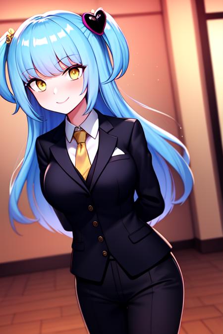 masterpiece, best quality, 1girl, indoors, ballroom, mansion, cowboy shot, arms behind back, suit, necktie, suit jacket, tailcoat, black pants, collared shirt, smile, blush, long hair, light blue hair, gradient hair, purple hair, two side up, yellow eyes, heart hair ornament   <lora:queenofhatred_2385:0.8>