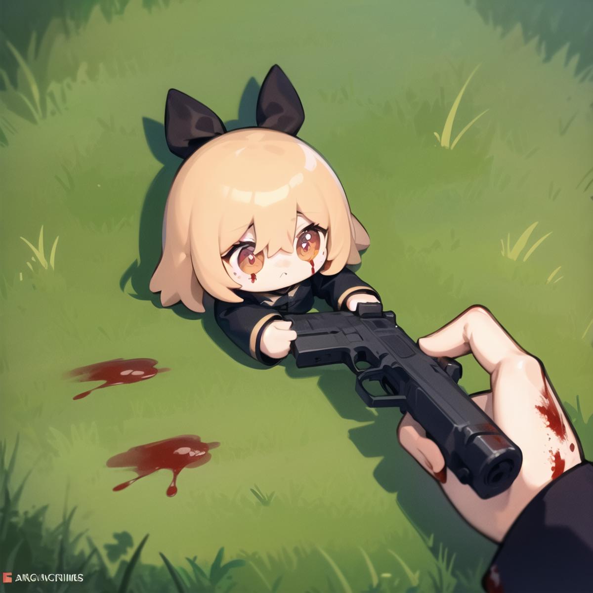 A cartoon image of a baby girl on the grass with a gun pointed at her.