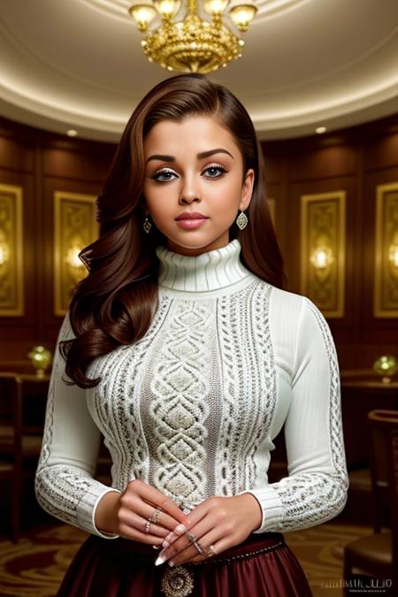 a photo of aishwaryarai-8-005-2800 a woman, photorealistic painting, attractive, at a (luxury restaurant), ((highly detailed face)), wearing turtleneckc sweater, intricate, 8k, highly detailed, volumetric lighting, digital painting, intense, sharp focus, art by artgerm and rutkowski and alphonse mucha, cgsociety, ((detailed eyes)), chandeliers, candles, dimly lit