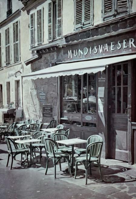 soaked_mundwasser, a small french restaurant somewhere in paris, hard shadows, film grain