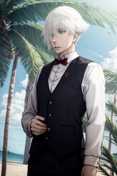 (masterpiece, best quality:1.4), decim \(death parade\), black vest, red bowtie, white shirt, upper body, beach, ocean, palm tree <lora:ironcatlora7Decim_v10:0.8>