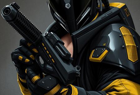 Create a close-up illustration of a warrior with a gun, featuring a black armor exoskeleton with yellow accents, inspired by tokusatsu and the art style of Peter Bagge. The character should have a faceless horror human design. The artwork should incorporate a stardust gradient scheme and a black scheme, with a cool jacket over a bare torso. The desired level of detail is high, with micro details, lifelike details, and adherence to the golden ratio. The image should be rendered in 4k, with a 35mm lens, and a noir-inspired aesthetic. The final output should be a hyperrealistic digital painting, with post-processing and octane render. The style should be reminiscent of Andrew Wyeth's concept art, with a focus on charism and beauty. The image should be suitable for display on Amiami and Artstation, with a trending and high-quality aesthetic.