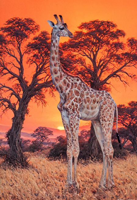 (Highly detailed), (hyper realistic), ArsMJStyle, Colored pencil hyperdetailed realism – A magnificent giraffe stands tall in the heart of the African savannah, its long neck reaching high above the acacia trees. Its coat is a patchwork of intricate, honey-brown spots outlined in darker hues, with each individual marking carefully rendered to reflect the soft texture of the giraffe's fur. The giraffe’s dark, intelligent eyes gaze serenely toward the horizon, and its long, slender legs are gracefully positioned. The savannah around it is bathed in the warm glow of the late afternoon sun, casting a golden light across the dry grass and scattered trees. In the distance, the faint outline of a distant mountain range looms against a vibrant orange sky. The scene is peaceful and majestic, with every detail, from the giraffe’s elegant form to the soft sway of the grass, captured in hyperrealistic color and texture.