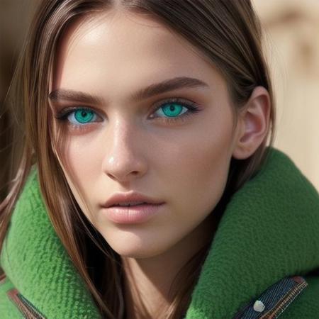 A fashion editorial of a brunette model with MULTIPLE green eyes. Photo-realistic, fine detail.